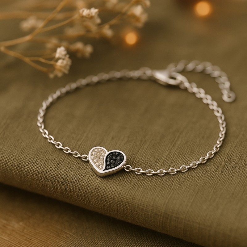 Bracelet en argent motif coeur et oxydes de zirconium bicolore