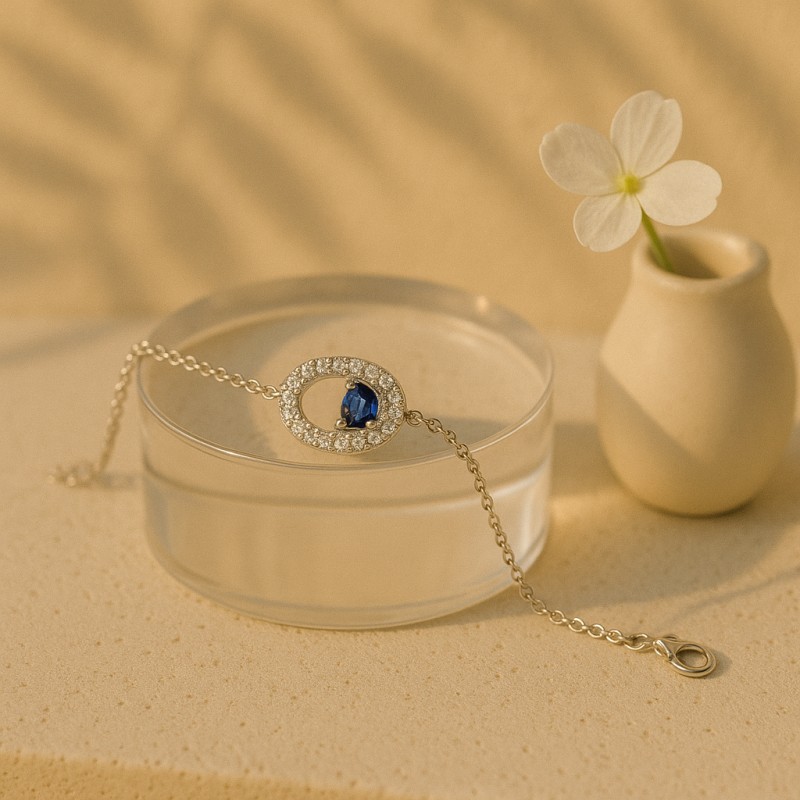 Bracelet Carador chaine et oval empierré d'oxydes de zirconium et pierre bleue en argent 925/000