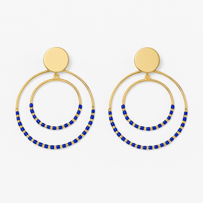 Boucles d'oreilles Doubles cercles Amporelle - Acier doré Pierres bleus