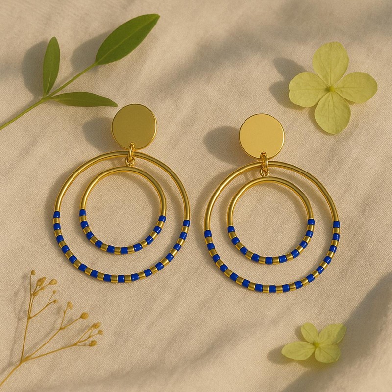 Boucles d'oreilles Doubles cercles Amporelle - Acier doré Pierres bleus