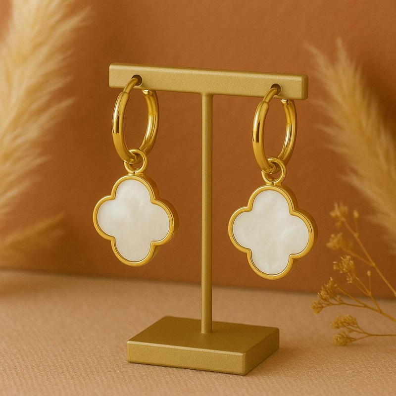 Boucles d'oreilles Trèfles Amporelle - Acier doré Pierres Synthétiques