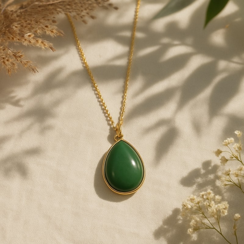Collier Amporelle Acier doré - Goutte Pierre Synthétique Verte