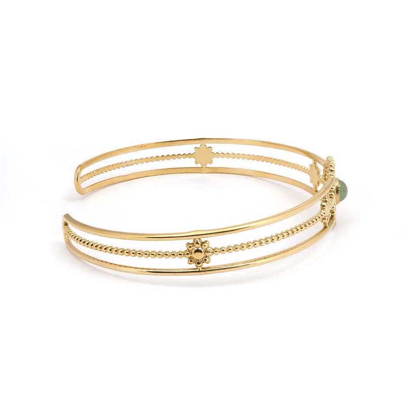 Bracelet Manchette Amporelle Acier doré -  Pierre synthétique verte