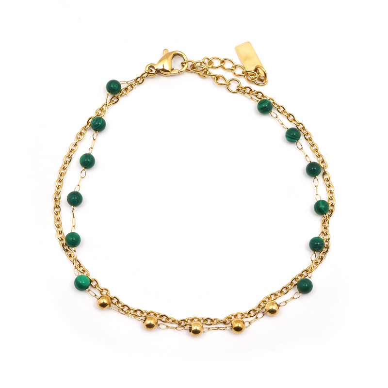 Bracelet Amporelle Acier doré - doubles rangs avec pierres vertes