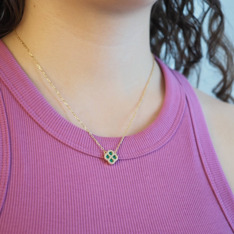 Collier Silver Pop - Femme - Argent Doré - Oxydes de zirconium et Malachite - Trèfle