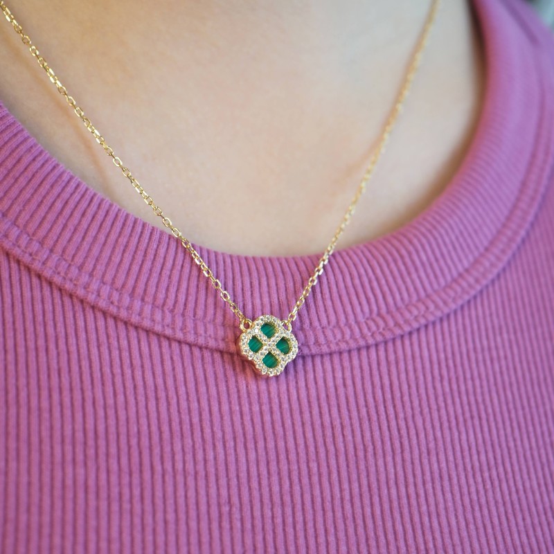 Collier Silver Pop - Femme - Argent Doré - Oxydes de zirconium et Malachite - Trèfle