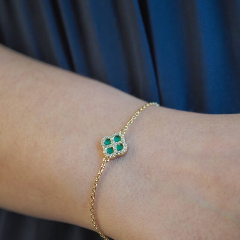 Bracelet Silver Pop - Femme - Argent Doré - Oxydes de zirconium et Malachite - Trèfle