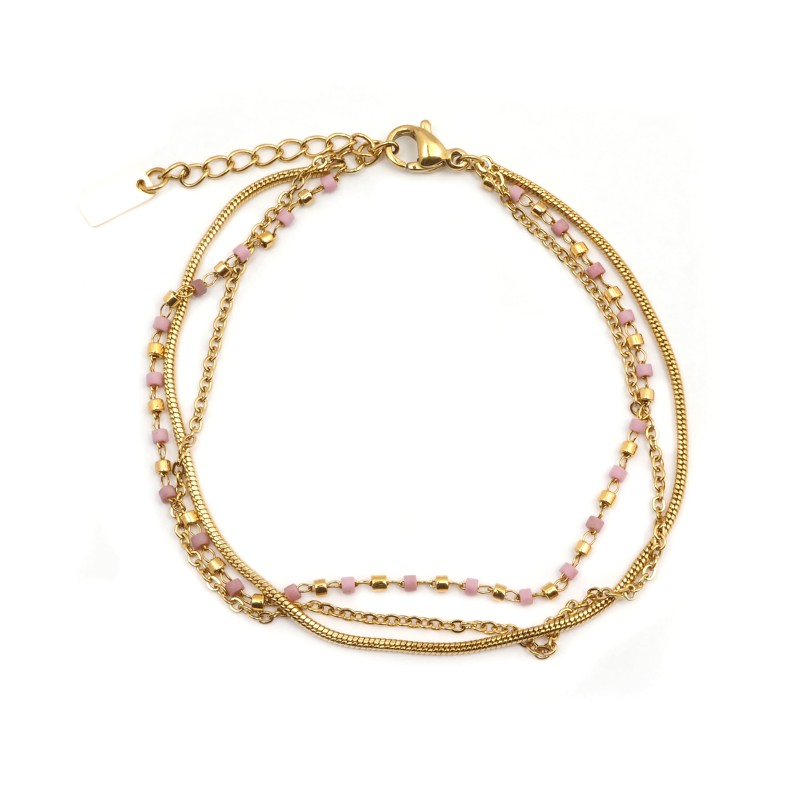 Bracelet Amporelle Acier doré - 3 rangs avec pierres roses