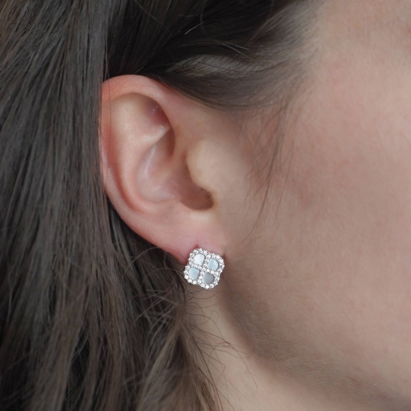 Boucles d'oreilles Silver Pop Femme - Argent - Oxydes de zirconium et Nacre - Trèfle