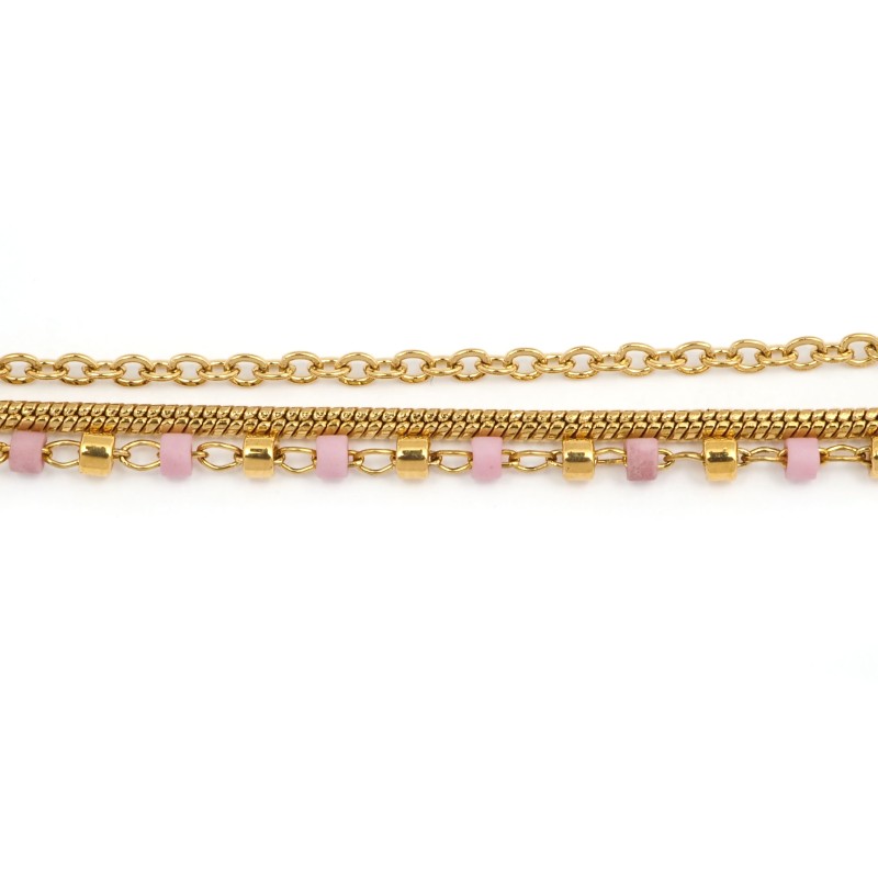 Bracelet Amporelle Acier doré - 3 rangs avec pierres roses