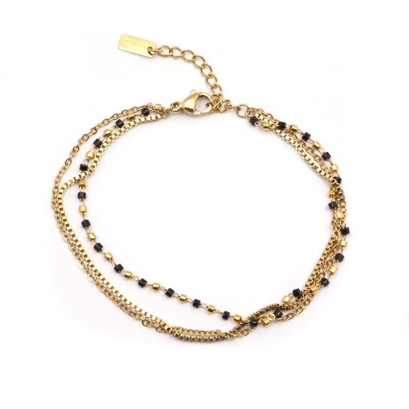 Bracelet Amporelle Acier doré - 3 rangs pierres noires