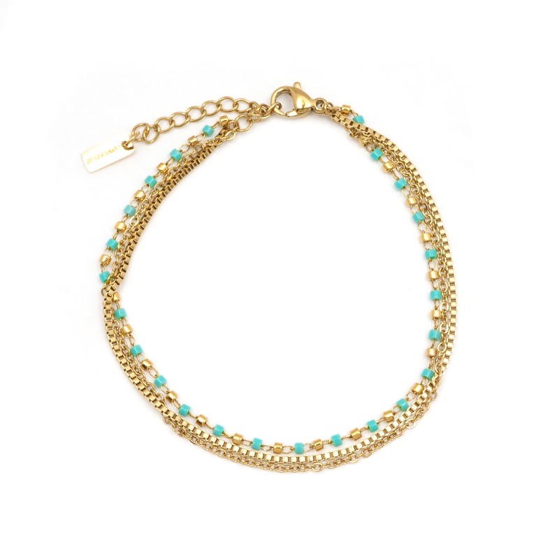 Bracelet Amporelle Acier doré - 3 rangs avec pierres bleus