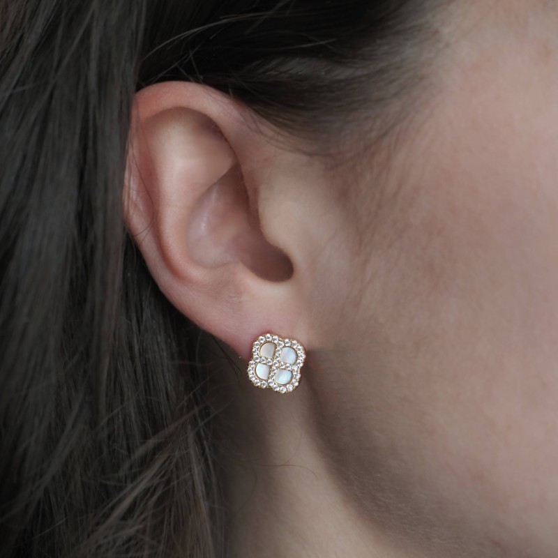 Boucles d'oreilles Silver Pop - Femme - Argent Doré - Oxydes de zirconium et Nacre - Trèfle