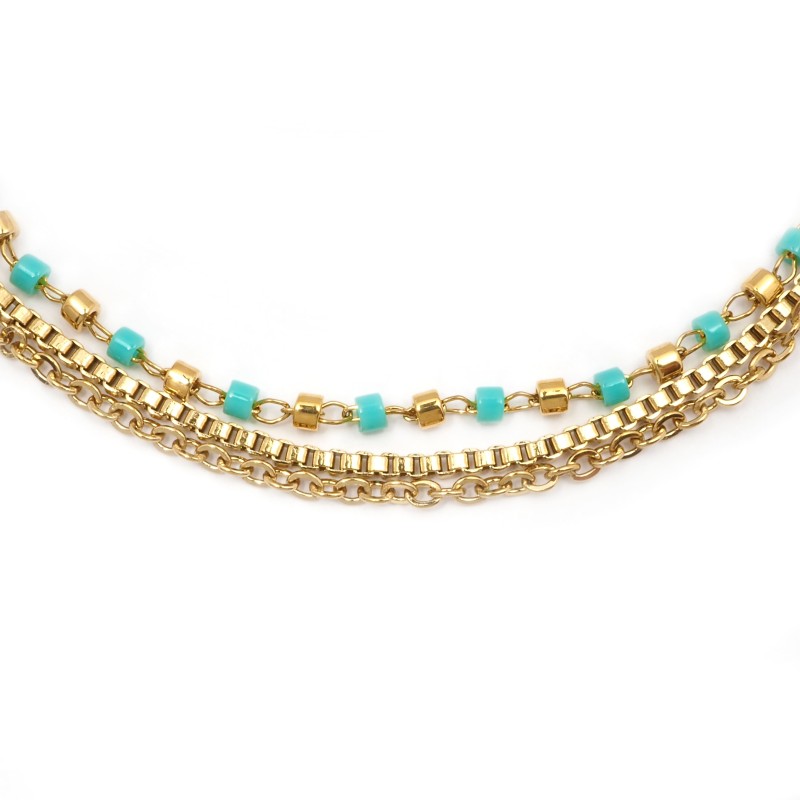 Bracelet Amporelle Acier doré - 3 rangs avec pierres bleus
