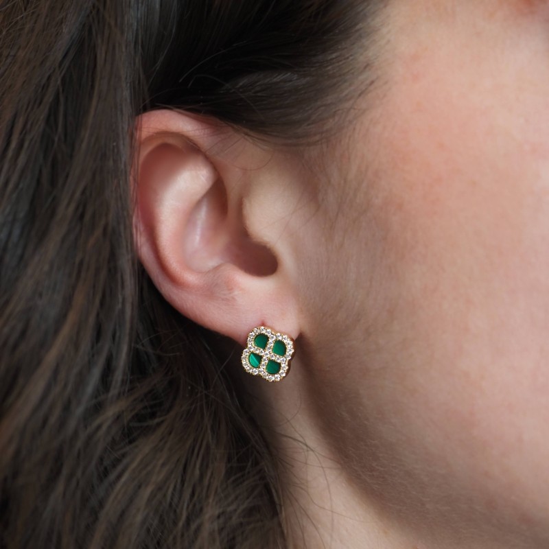 Boucles d'oreilles Silver Pop - Femme - Argent Doré - Oxydes de zirconium et Malachite - Trèfle