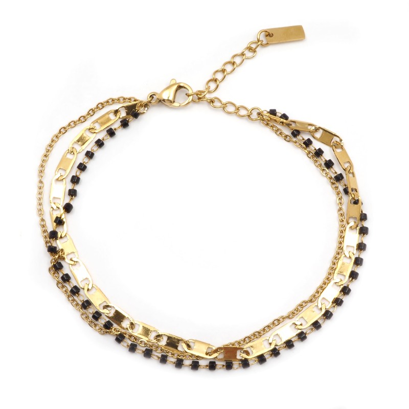 Bracelet Amporelle Acier doré -  3 rangs éléments noirs