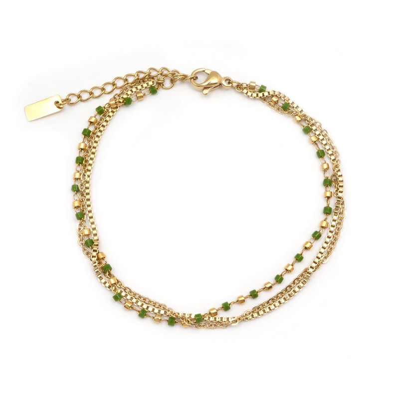 Bracelet Amporelle Acier doré -  3 rangs éléments verts