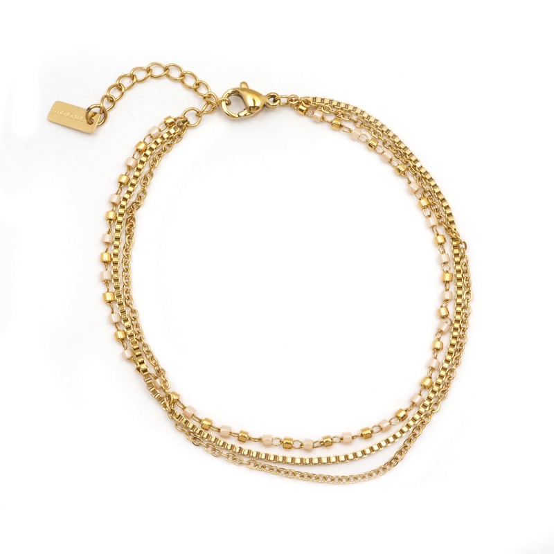 Bracelet Amporelle Acier doré -  3 rangs éléments beiges