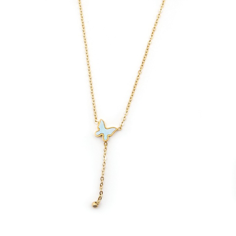 Collier Amporelle Acier doré - Papillon bleu