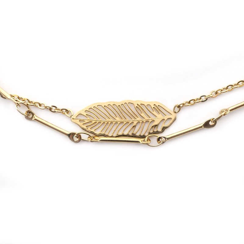 Collier Amporelle Acier doré - Doubles chaînes Feuille