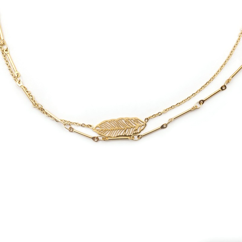 Collier Amporelle Acier doré - Doubles chaînes Feuille