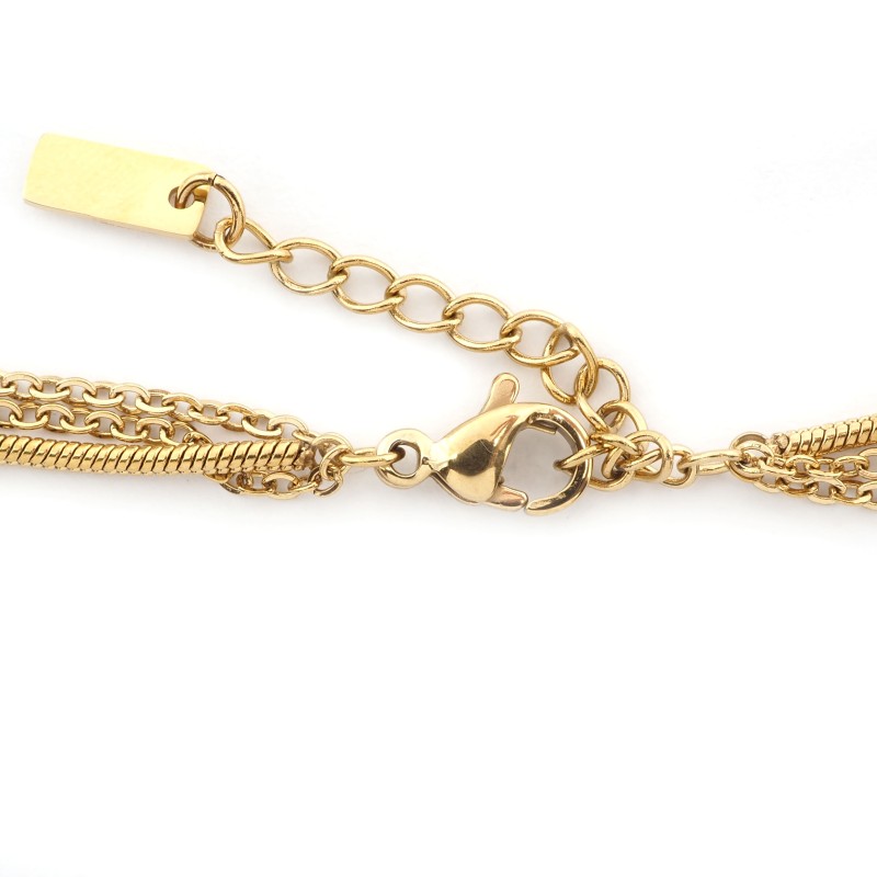 Collier Amporelle Acier doré - Triples chaînes maille serpentine - Eléments noirs