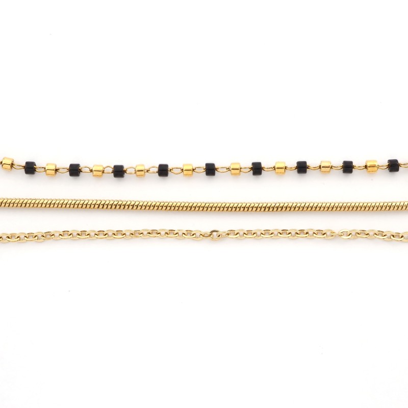 Collier Amporelle Acier doré - Triples chaînes maille serpentine - Eléments noirs