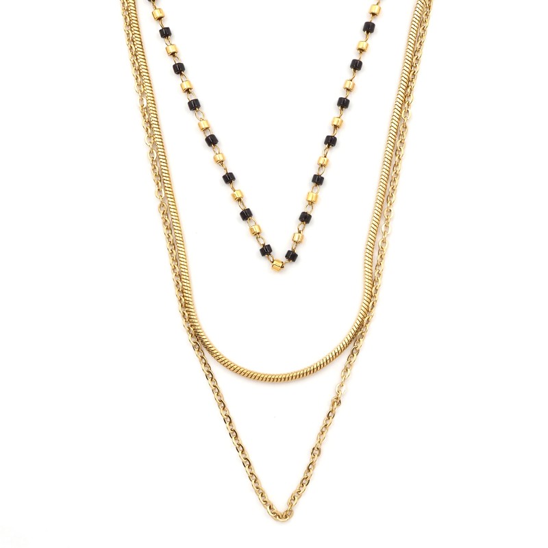 Collier Amporelle Acier doré - Triples chaînes maille serpentine - Eléments noirs