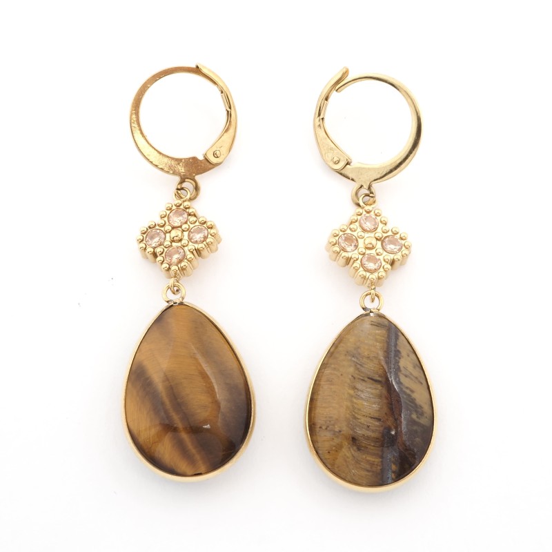 Boucles d'oreilles Amporelle Acier doré - Forme goutte pierre synthétique marron