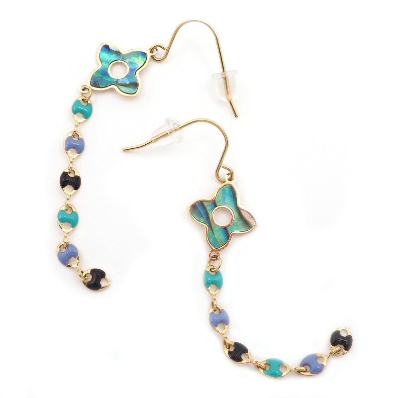 Boucles d'oreilles Amporelle Acier doré - Col de cygne Fleurs et Grain de café multicolores