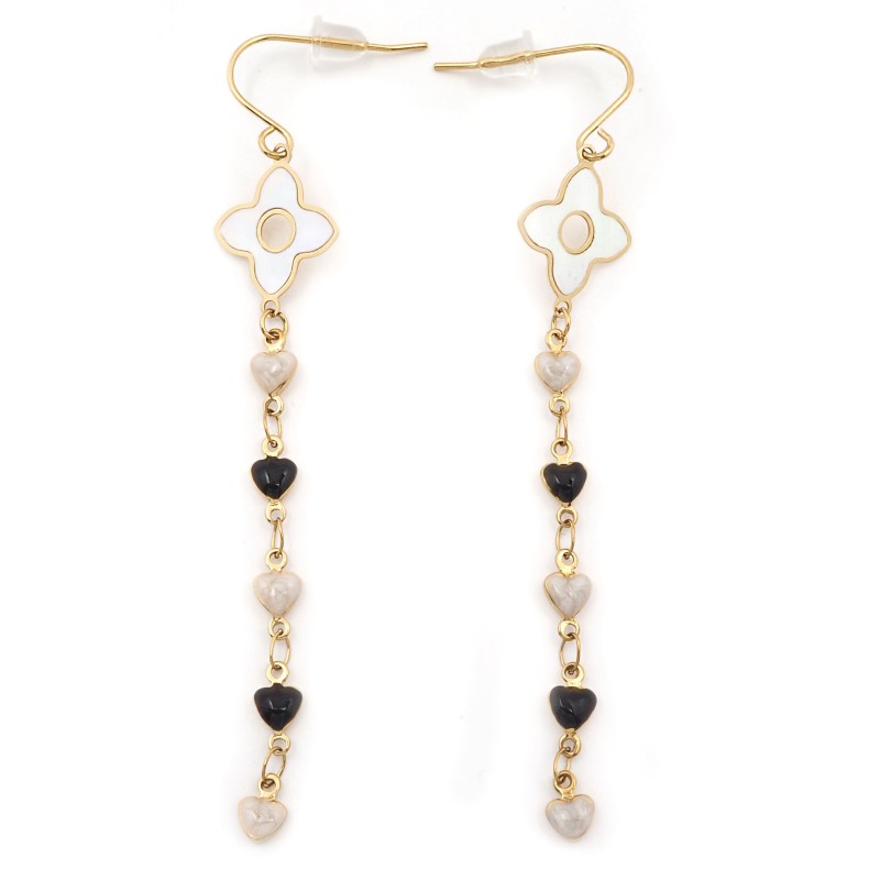 Boucles d'oreilles Amporelle Acier doré - Col de cygne Fleurs et Cœurs noir / blanc