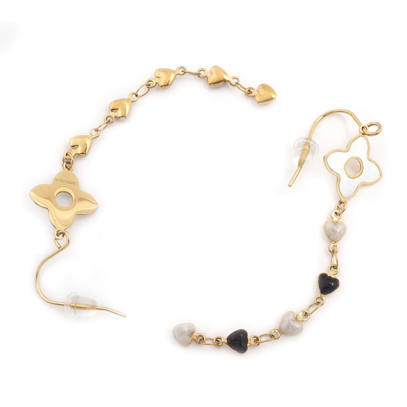 Boucles d'oreilles Amporelle Acier doré - Col de cygne Fleurs et Cœurs noir / blanc