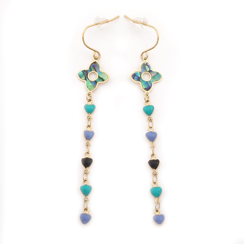 Boucles d'oreilles Amporelle Acier doré - Col de cygne Fleur et Cœurs multicolores