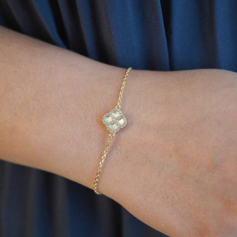Bracelet Silver Pop Femme - Argent Doré - Oxydes de zirconium et Nacre - Trèfle