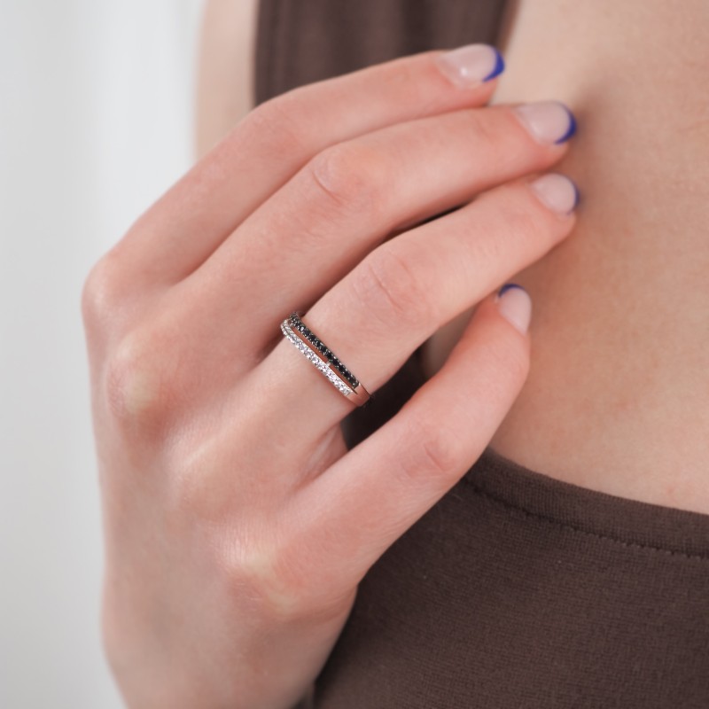 Bague Carador vague double rangs sertis d'oxydes de zirconium noirs et blancs argent 925/000