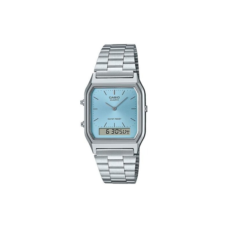 Montre Casio Digital - Acier Argenté Fond Bleu Ciel