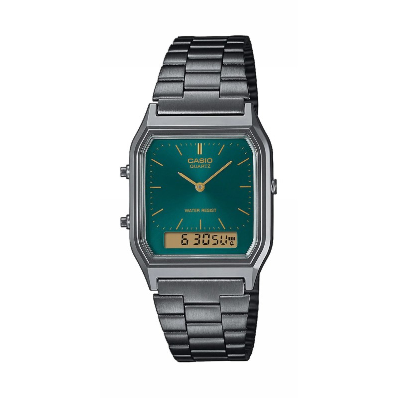 Montre Casio Digital - Acier Noir Fond Bleu Canard Index Doré