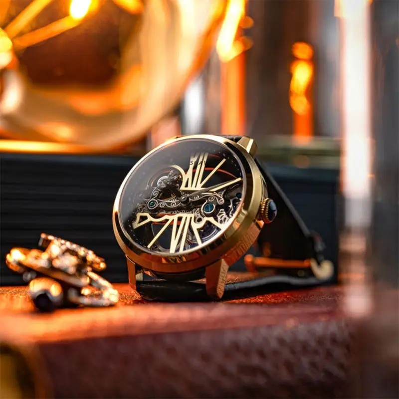 Montre Automatique Homme Earnshaw - Cuir Noir Fond Transparent