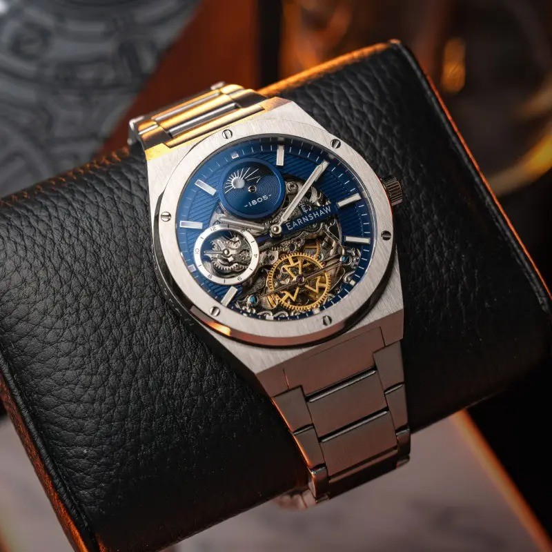 Montre Automatique Homme Earnshaw - Acier Argenté Fond bleu