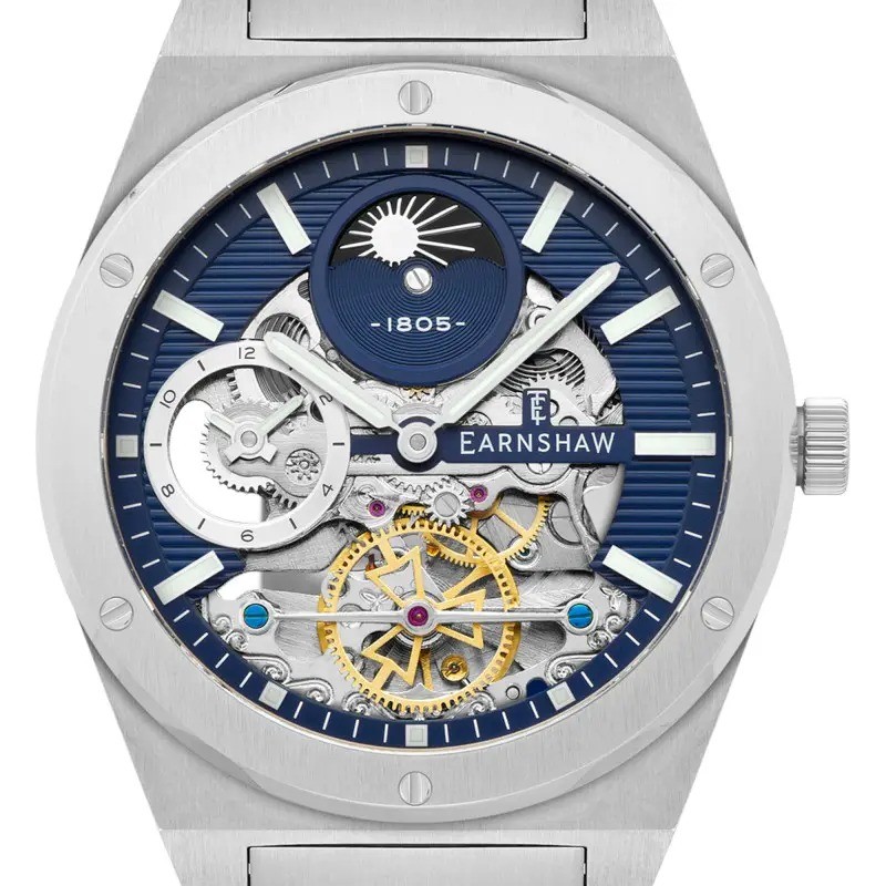 Montre Automatique Homme Earnshaw - Acier Argenté Fond bleu