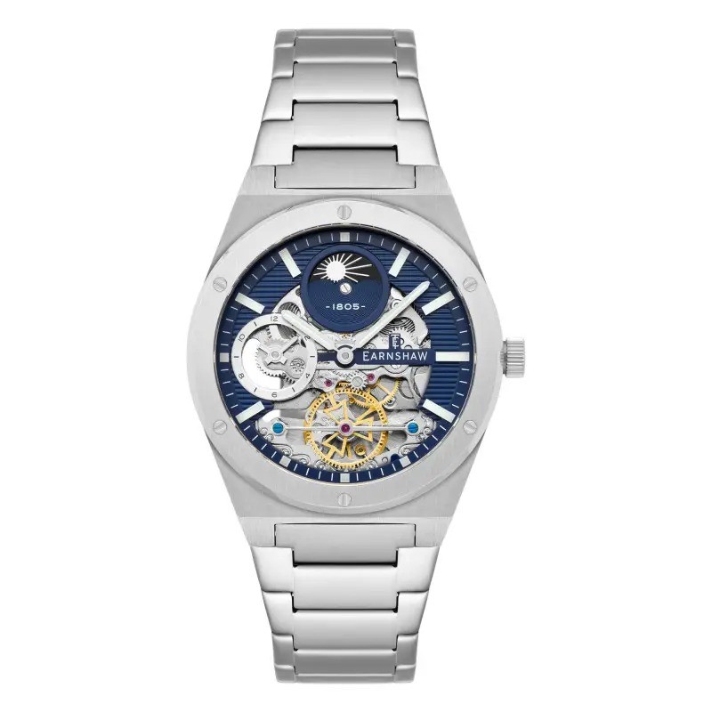 Montre Automatique Homme Earnshaw - Acier Argenté Fond bleu