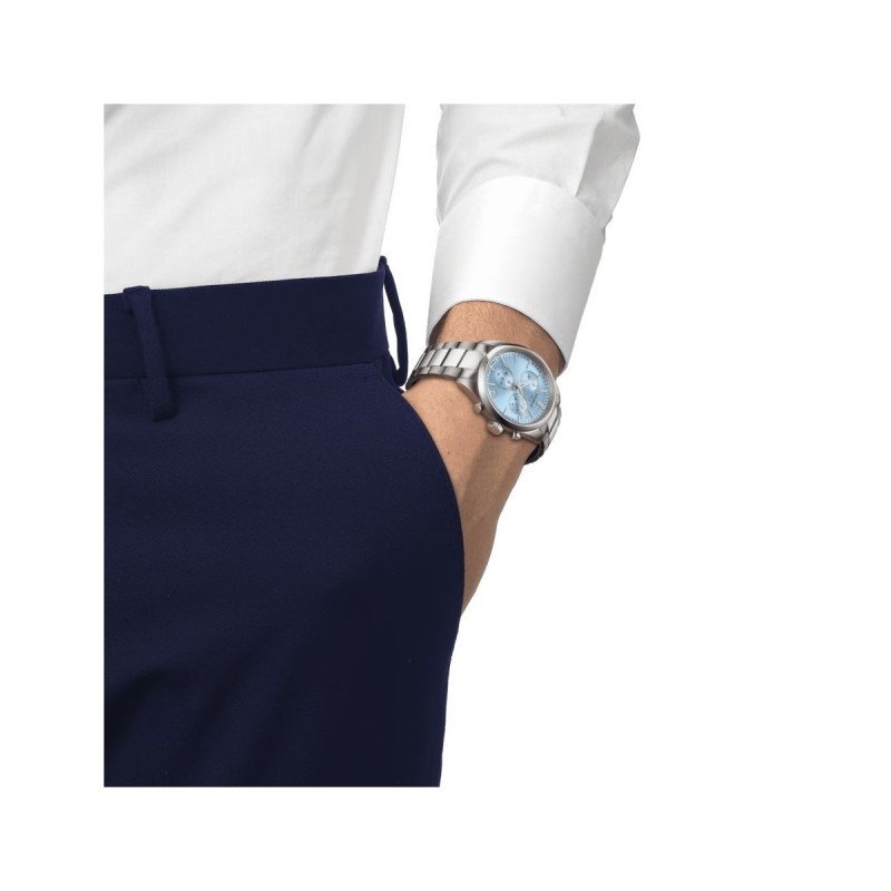 Montre homme Tissot PR100 Chronograph - Acier argenté fond bleu ciel