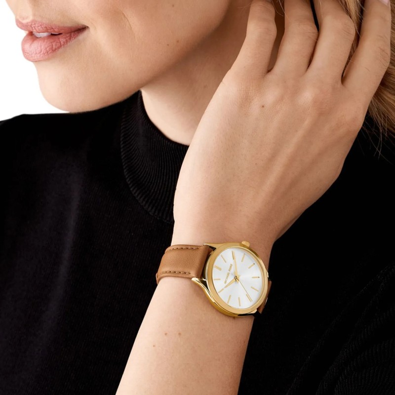 Montre Michael Kors femme Slim Runway - Acier doré & Cuir marron