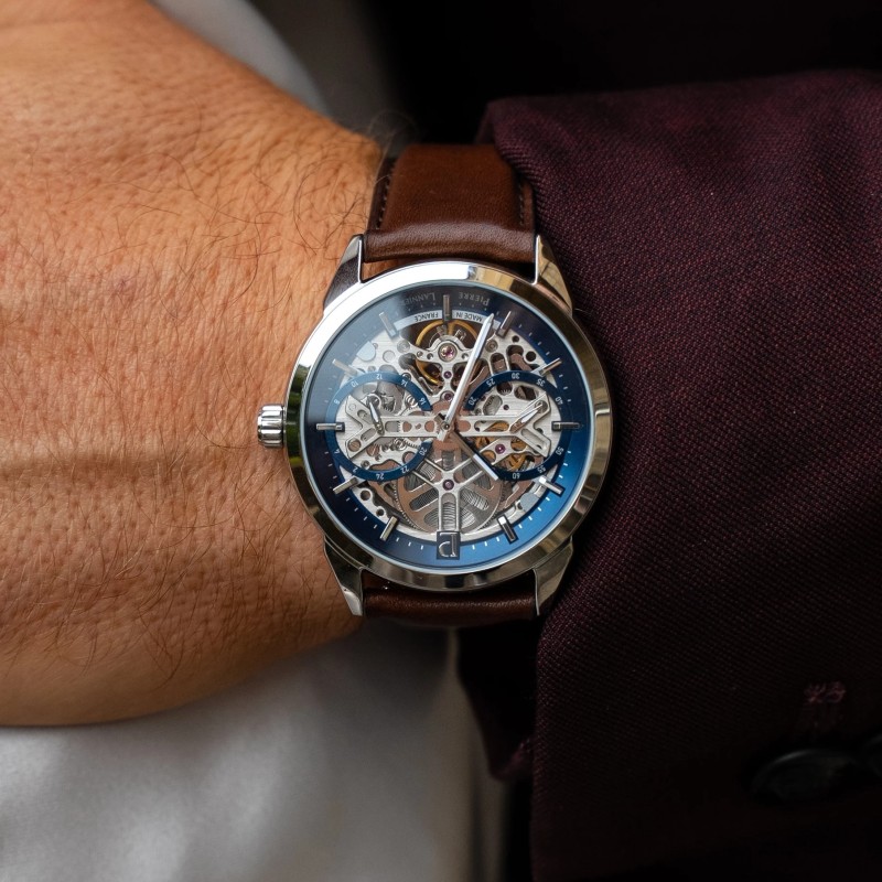 Montre Pierre Lannier Homme Automatique Monarck - Argenté Cuir Marron