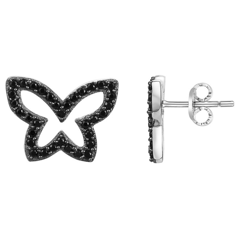 Boucles d'oreilles clous femme motif papillons Argent - Oxydes de zirconium noirs