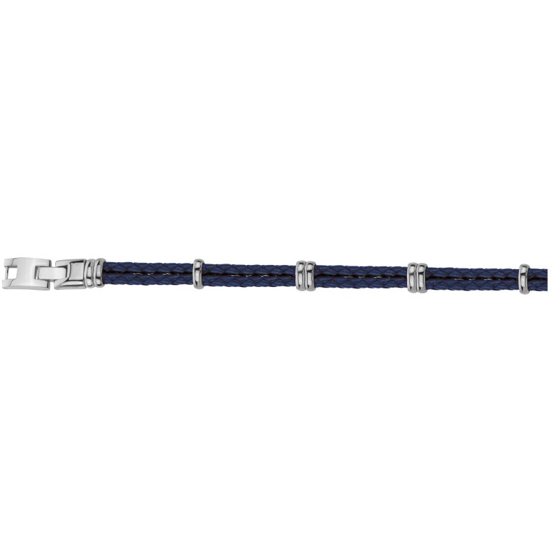 Bracelet Phebus Homme Acier Argenté Cuir Bleu