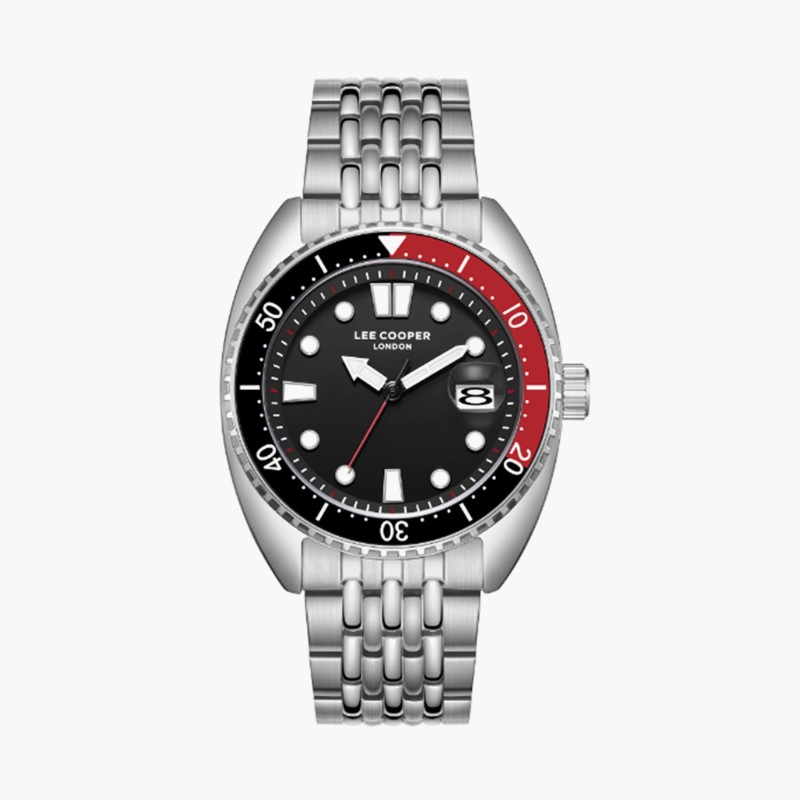 Montre Homme Lee Cooper - Acier Argenté Fond Noir et Rouge
