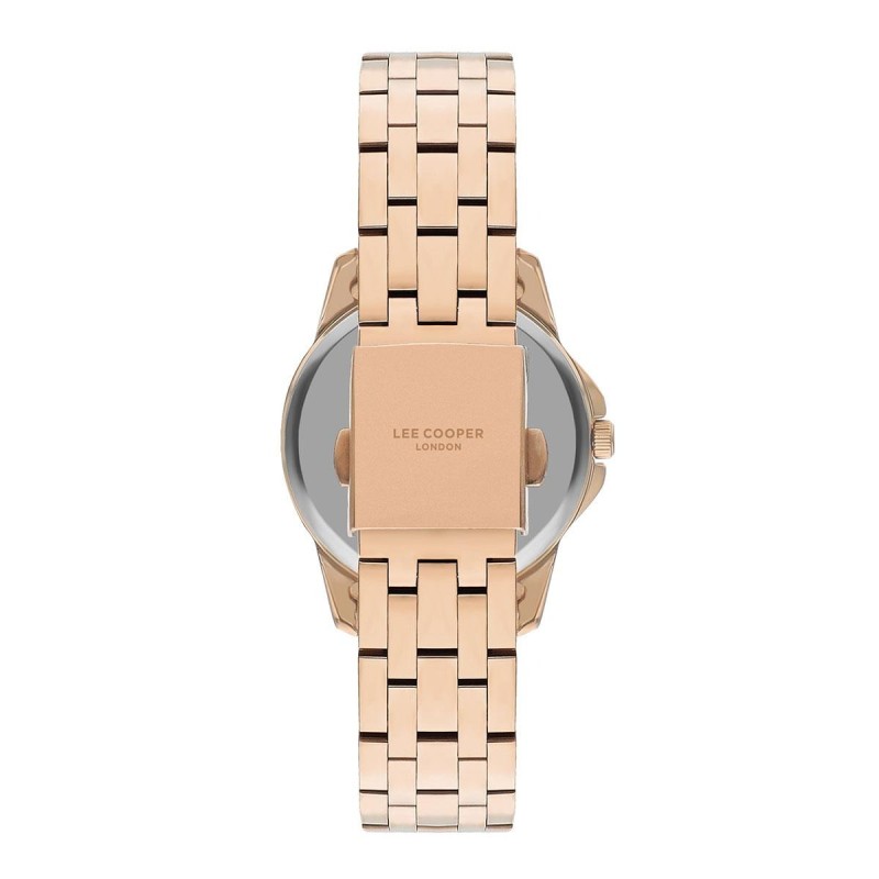 Montre Femme Lee Cooper en acier doré rose fond bleu