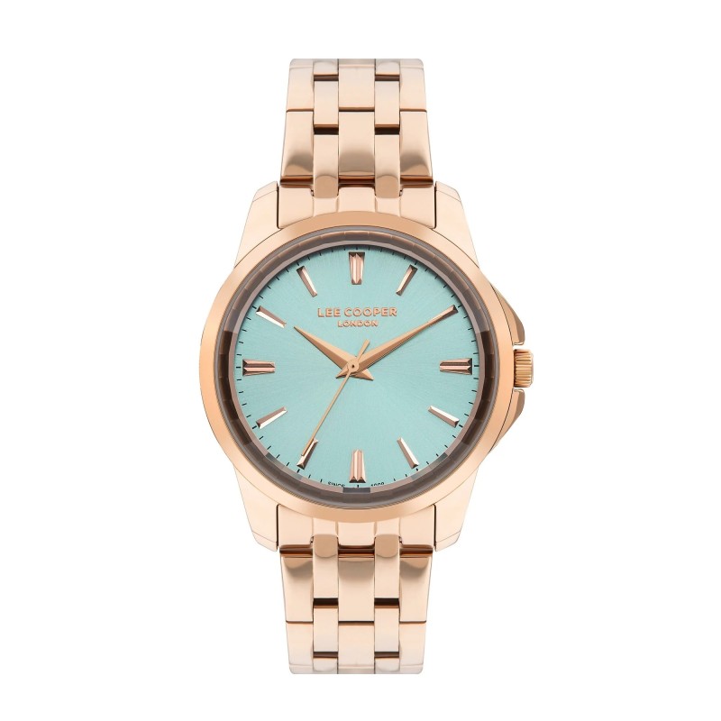 Montre Femme Lee Cooper en acier doré rose fond bleu