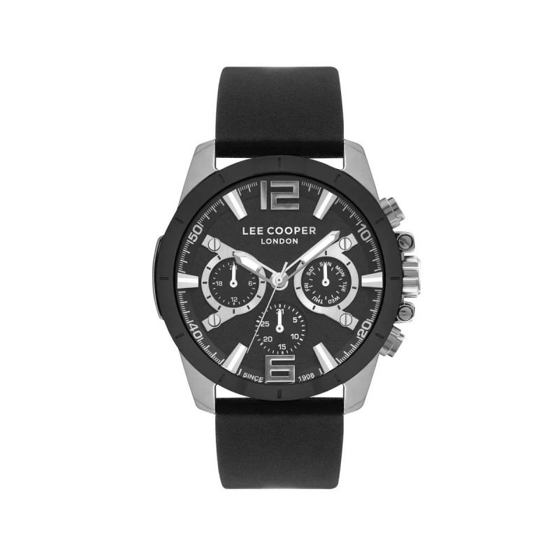 Montre Homme Lee Cooper Chrono Dateur - Acier Argenté Fond Noir Cuir Noir